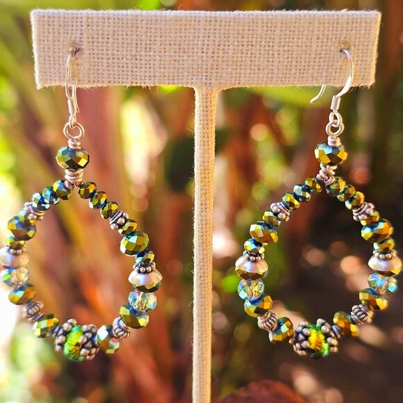 Dichroic Glass Crystal Bead Sterling Teardrop Artisan Earrings - Picture 4 of 10